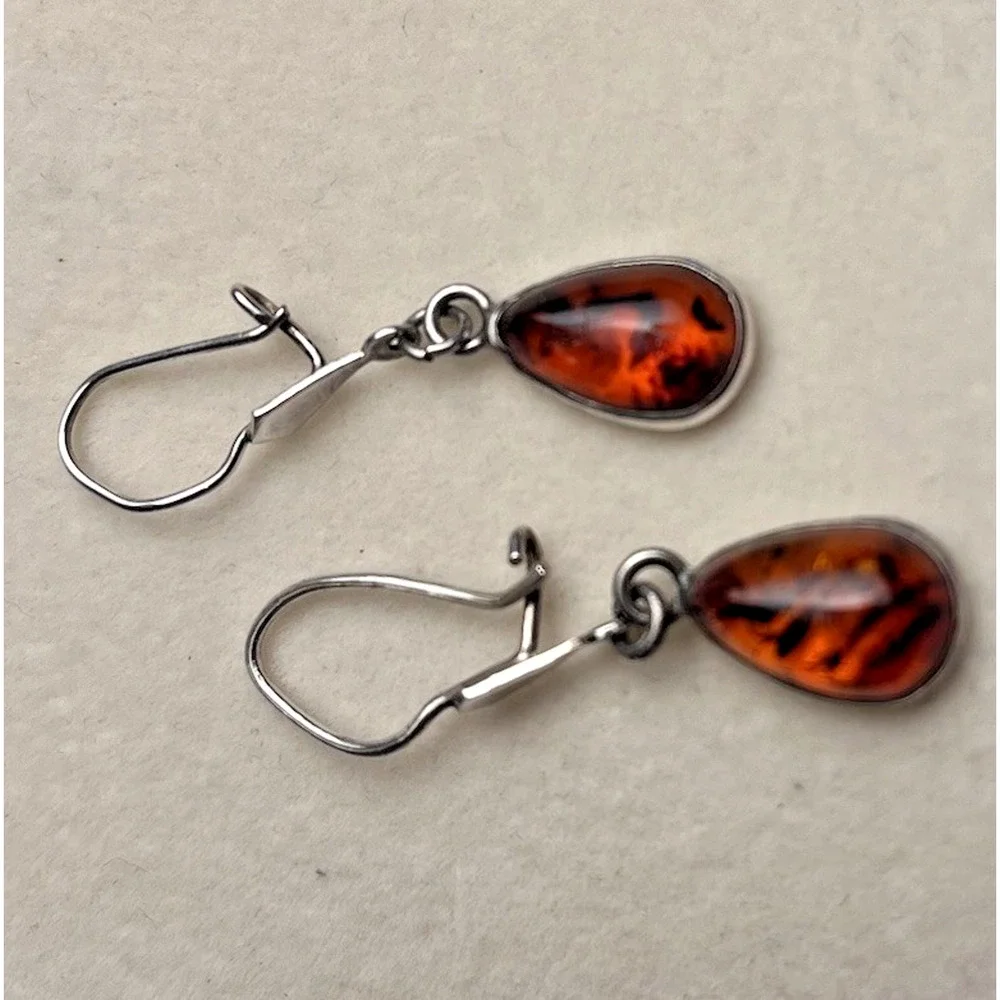 925 Sterling Silver Amber Dangle Drop Earrings Honey Cabochon Dainty Hook Lot